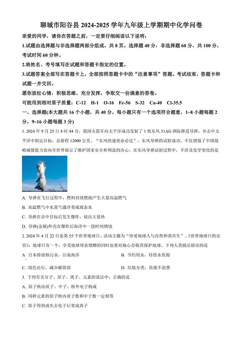 2024~2025学年山东省聊城市阳谷县九年级(上)期中化学问卷(含答案)第1页