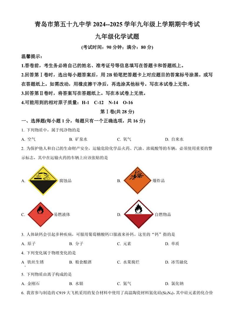 2024~2025学年山东省青岛市第五十九中学九年级(上)期中化学试卷(含答案)第1页