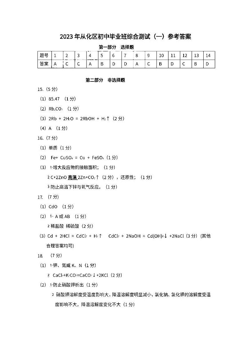 2023年广州市从化区中考一模化学试题答案第1页