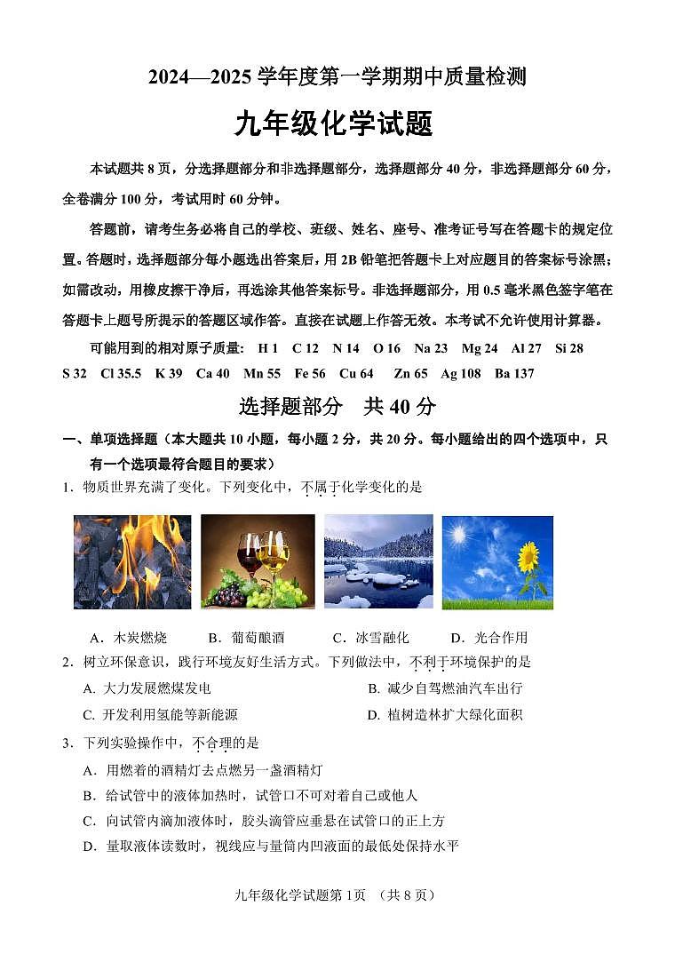 山东省济南市东南片区2024-2025学年九年级上学期期中考试化学试题第1页