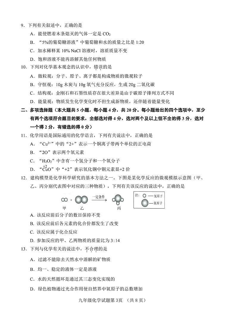 山东省济南市东南片区2024-2025学年九年级上学期期中考试化学试题第3页