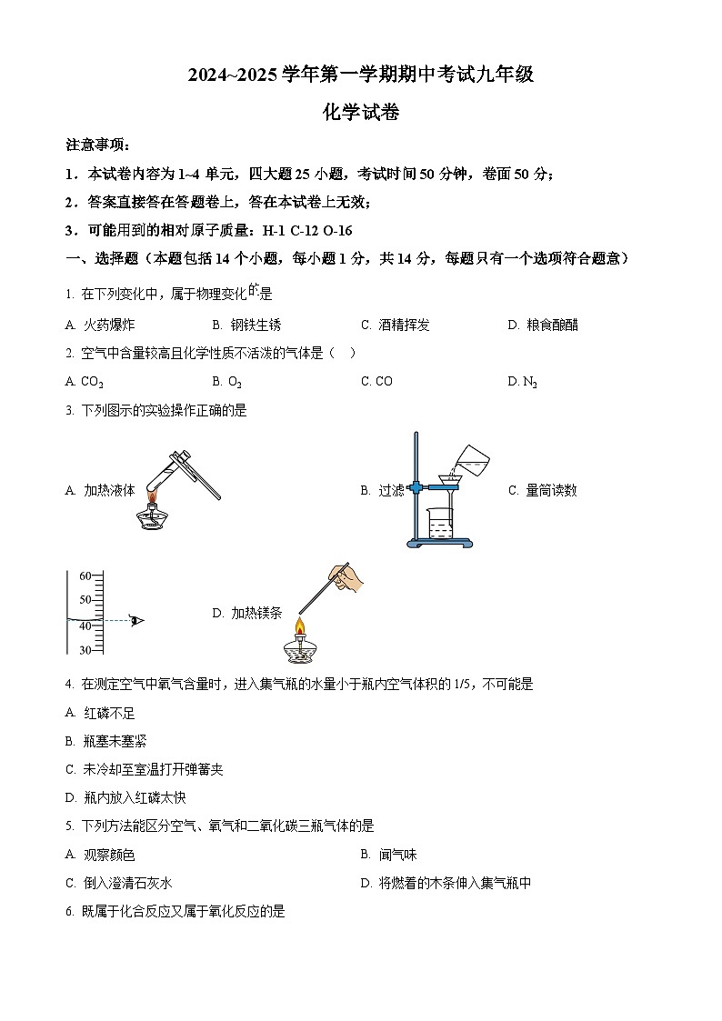 河南省洛阳市嵩县2024-2025学年九年级上学期期中考试化学试卷第1页