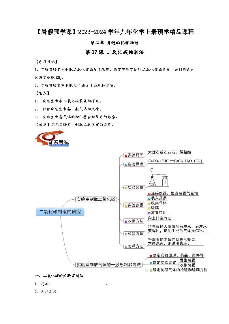 沪教版九年级化学同步讲义第07二氧化碳的制法(学生版+解析)第1页