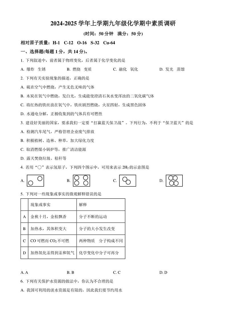 2024~2025学年河南省漯河市实验中学九年级(上)期中化学试卷(含答案)第1页