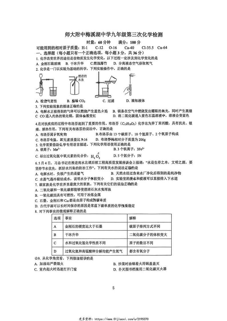 2024~2025学年湖南省长沙市师大附中梅溪湖中学九年级(上)第三次月考化学试卷(无答案)第1页