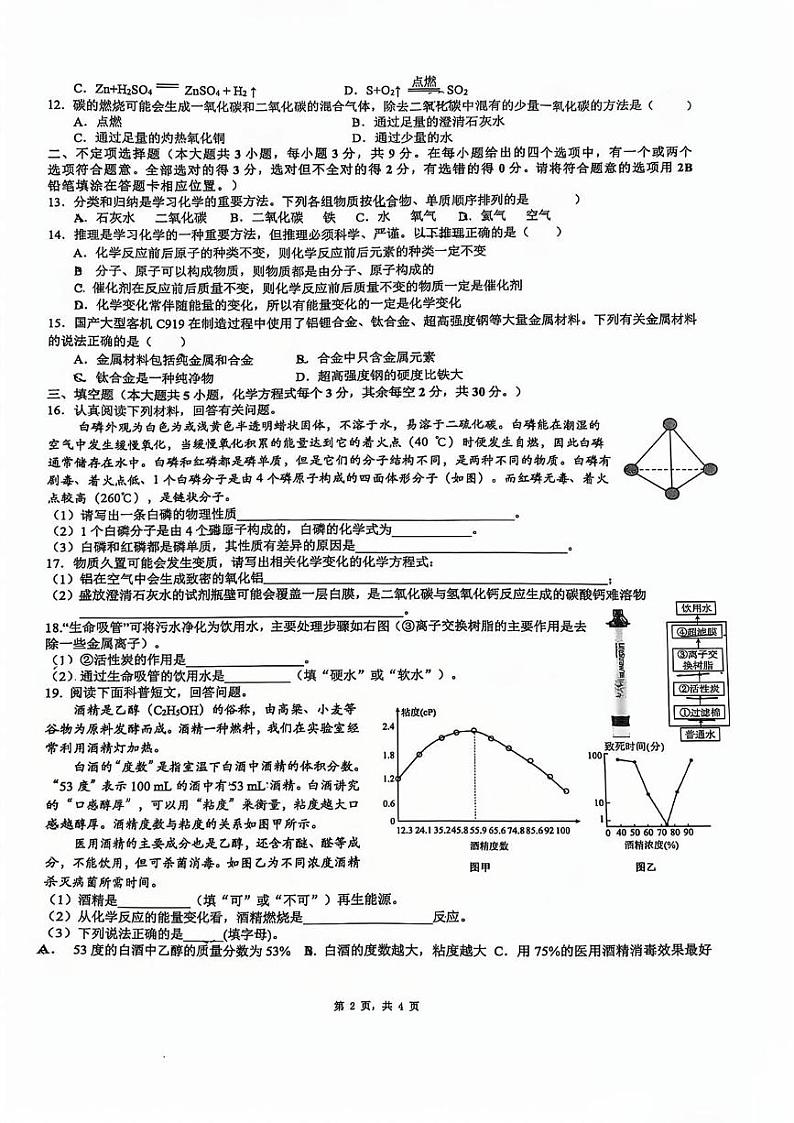 湖南省长沙市湖南师范大学附属中学2024-2025学年九年级上学期第三次月考化学试卷第2页
