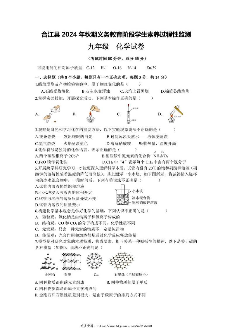 2024~2025学年四川省泸州市合江县九年级(上)期中检测化学试卷(含答案)第1页