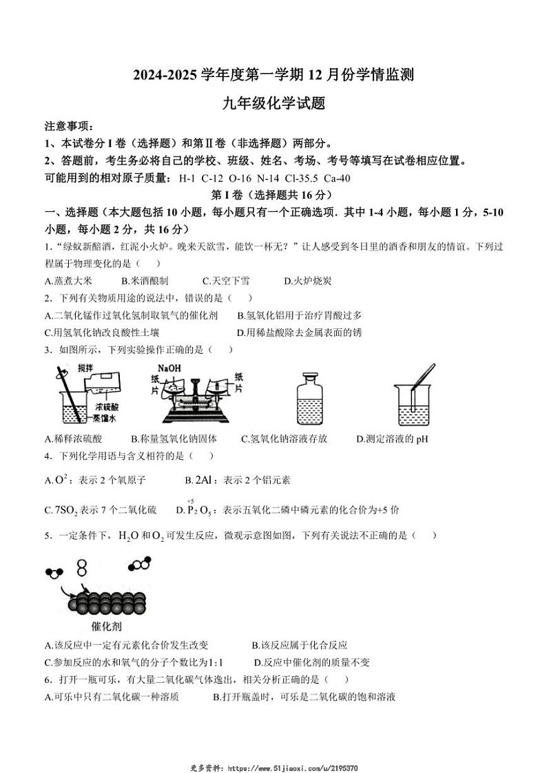 2024~2025学年山东省济宁市金乡县九年级(上)12月份学情监测化学试卷(无答案)第1页