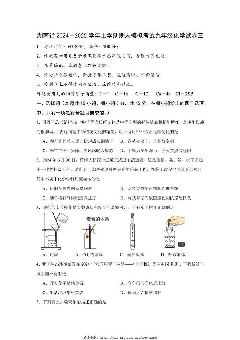 2024~2025学年湖南省九年级(上)期末模拟考试化学试卷三(含答案)第1页