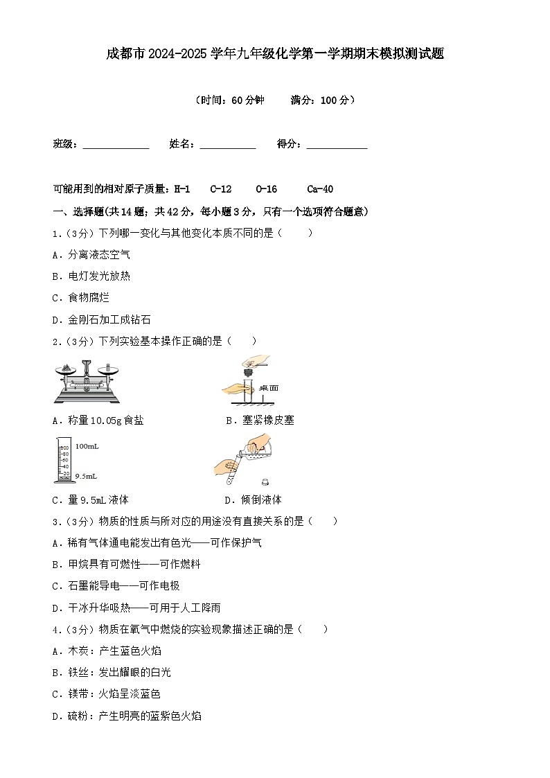 四川省成都市2024-2025学年九年级上学期化学期末模拟测试题-A4第1页