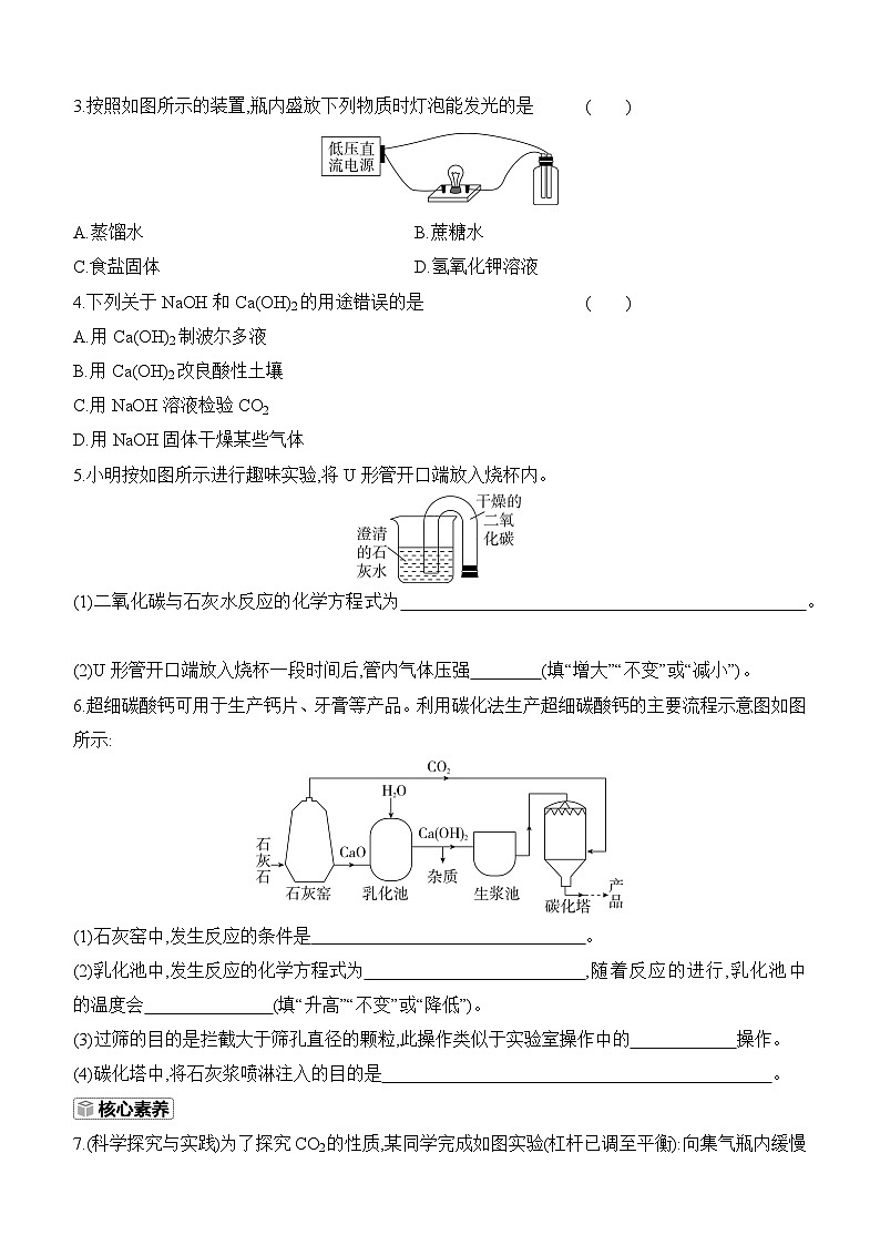 人教版2024九年级下册化学10.2 常见的酸和碱 第3课时 常见的碱及其化学性质 课时作业(含答案)第3页