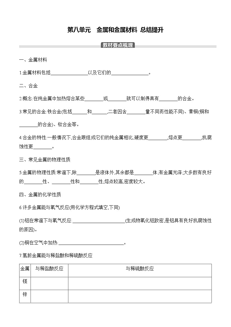 人教版2024九年级下册化学第八单元 金属和金属材料 总结提升 课时作业 ( 含答案)第1页