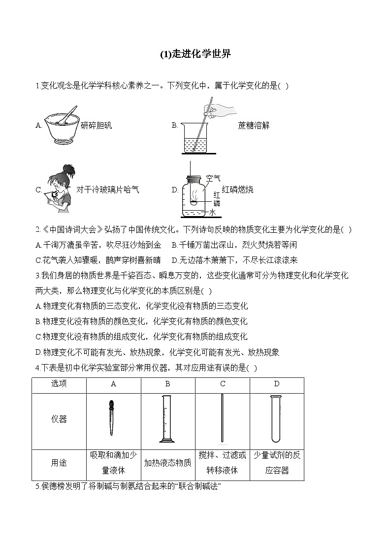 人教版2024九年级化学寒假作业+1走进化学世界第1页