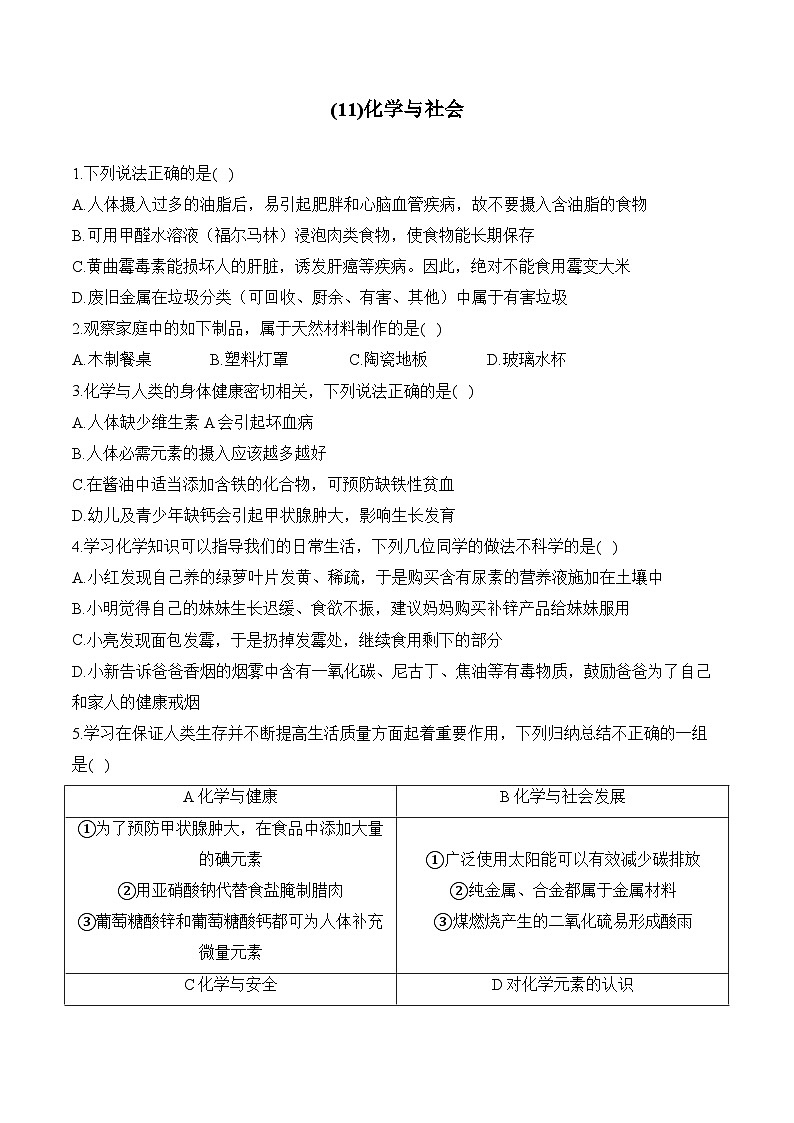 人教版(2024)九年级化学寒假作业 (11)化学与社会第1页