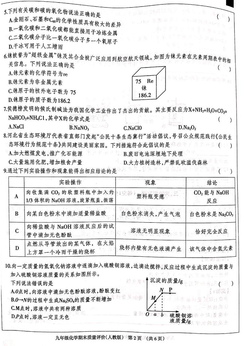 2024~2025学年河北省衡水市第六中学九年级(上)期末质量评价化学试卷(含答案)第2页