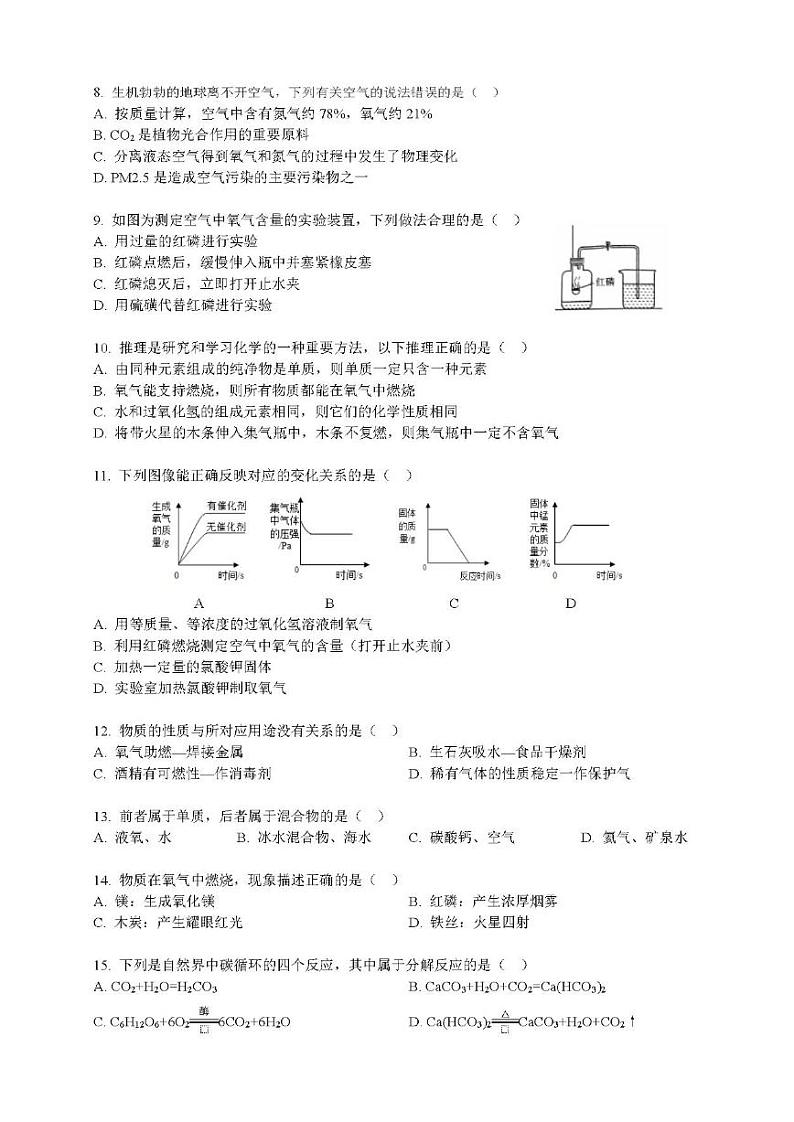 上海市杨浦区民办杨浦实验中学2024-2025学年九年级上学期10月月考化学试卷第2页