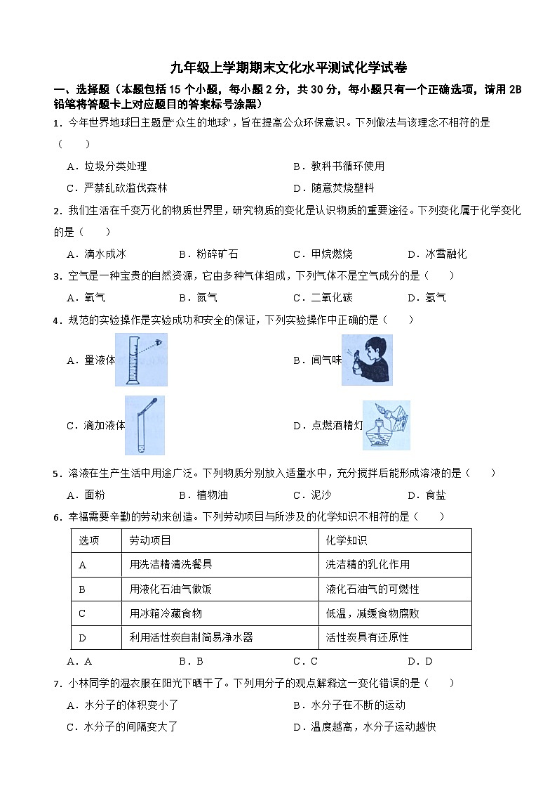 贵州省黔东南州2024年九年级上学期期末文化水平测试化学试卷附参考答案第1页