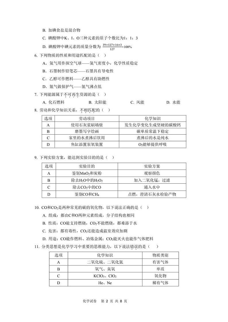 广东省广州市广州大学附属中学2024-2025学年上学期九年级1月大联盟质量检查化学试题第2页