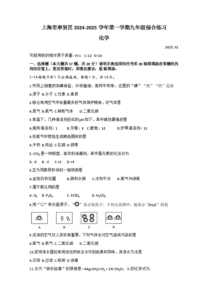 2025年上海市奉贤区中考一模化学试题第1页