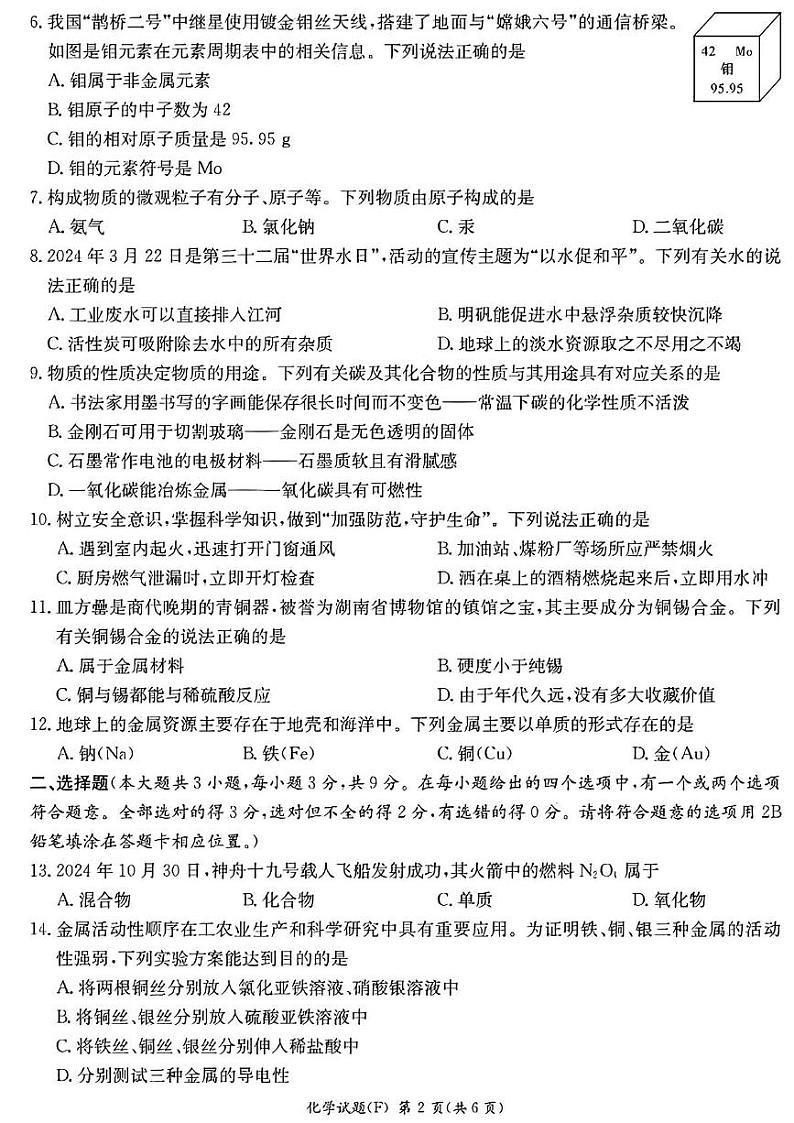 湖南省长沙市湖南师范大学附属中学2024-2025学年九年级上学期期末考试化学试题第2页