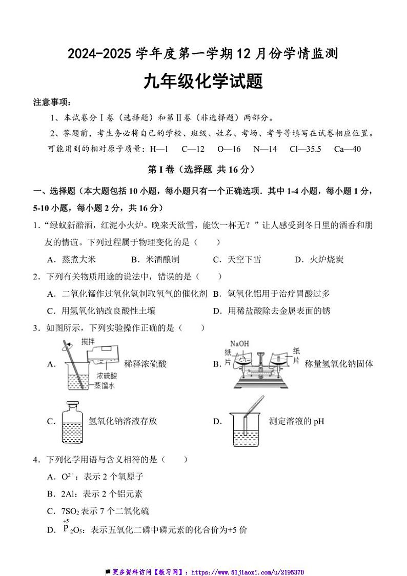 2024~2025学年山东省济宁市金乡县九年级上12月月考化学试卷(含答案)第1页