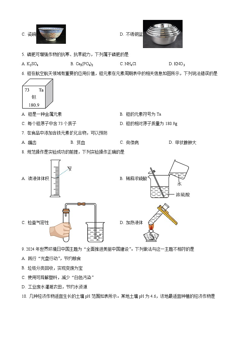 2024年云南省初中学业水平考试化学试题卷(原卷版)第2页