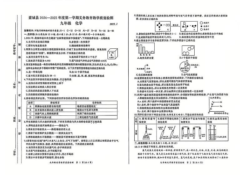 安徽省亳州市蒙城县2024-2025学年九年级上学期1月期末化学试题第1页