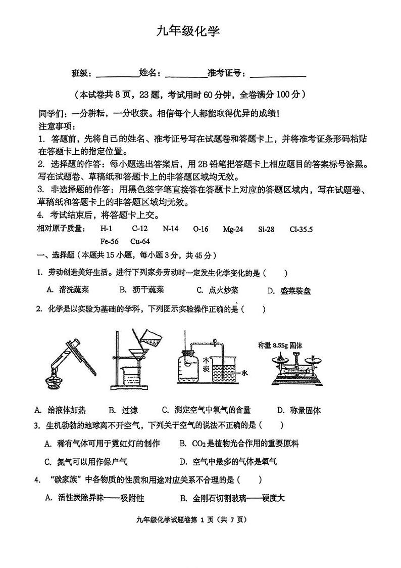 湖南省衡阳市八中教育集团成章实验中学联考2024—2025学年九年级上学期期末考试化学试题第1页