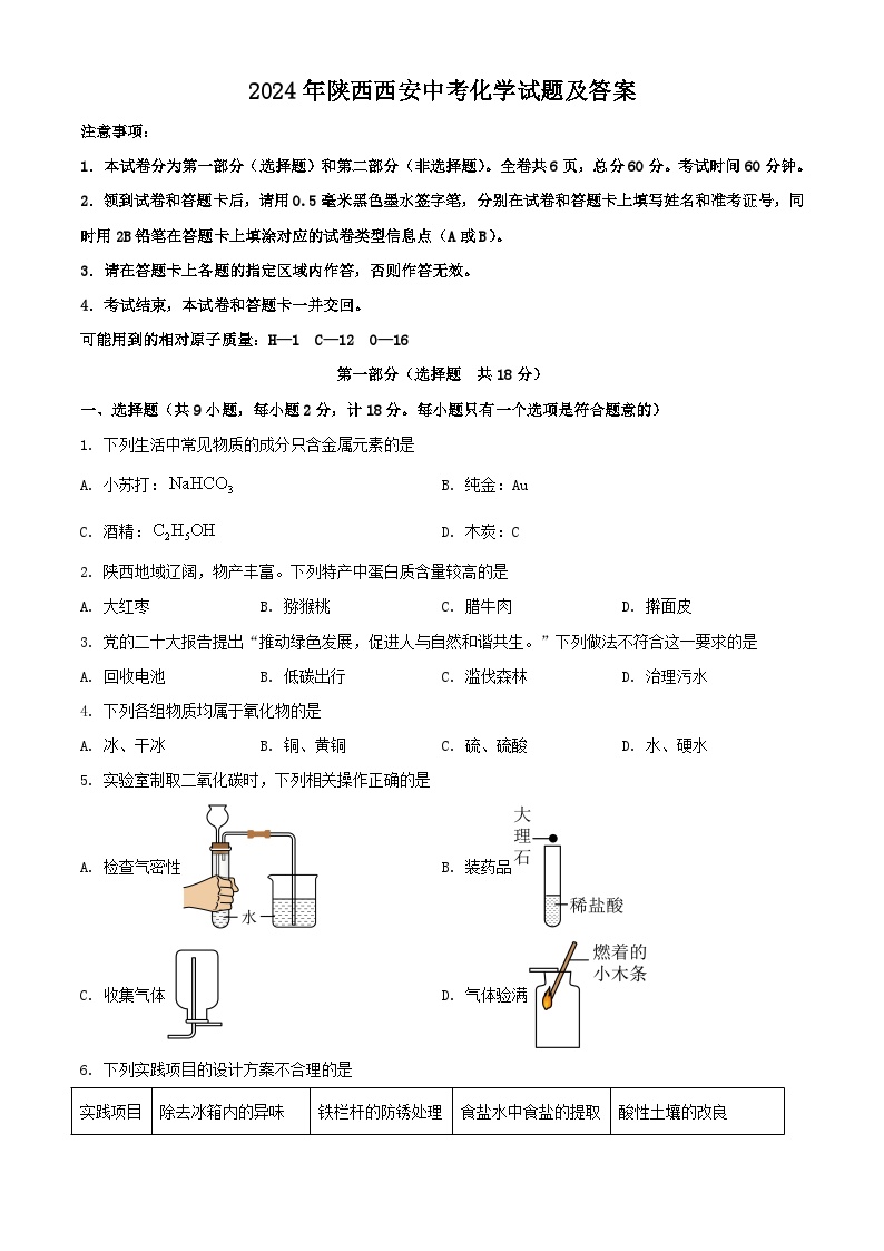 2024年陕西西安中考真题化学试题及答案