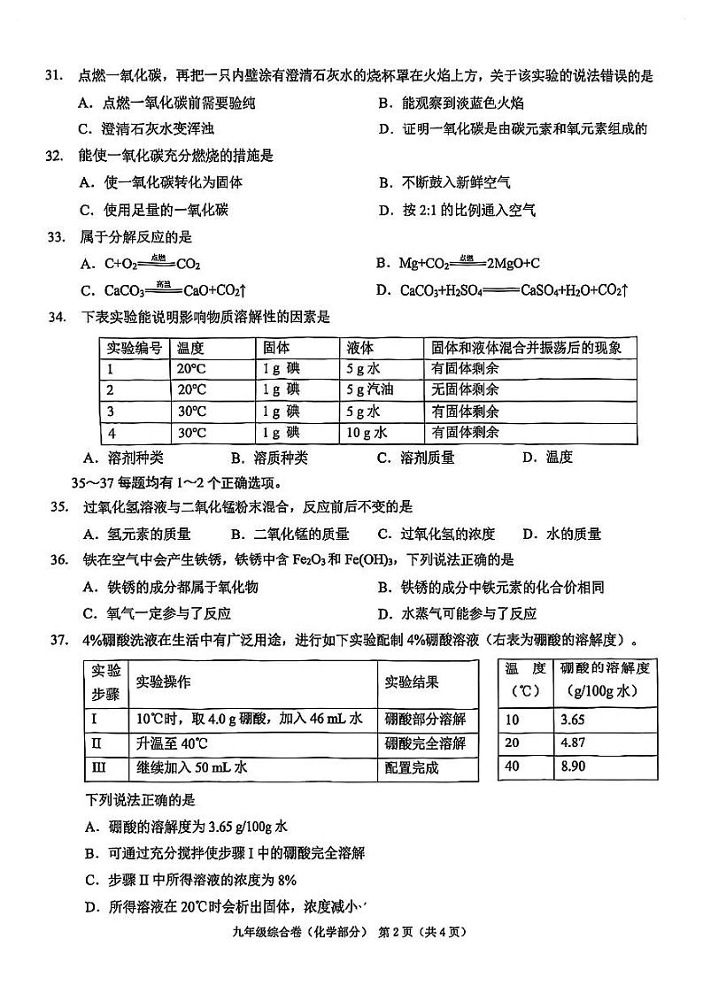 2025年上海市长宁区初三 中考一模 化学试卷第2页