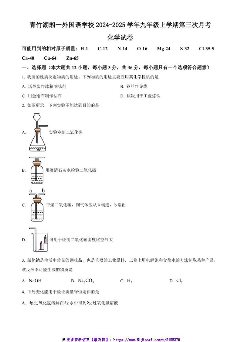 2024~2025学年湖南省长沙市青竹湖湘一外国语学校九年级上(三)月考化学试卷(含答案)第1页