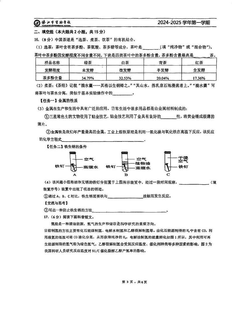 广东省阳江市实验学校2024-2025学年九年级上学期期末考试化学试题第3页