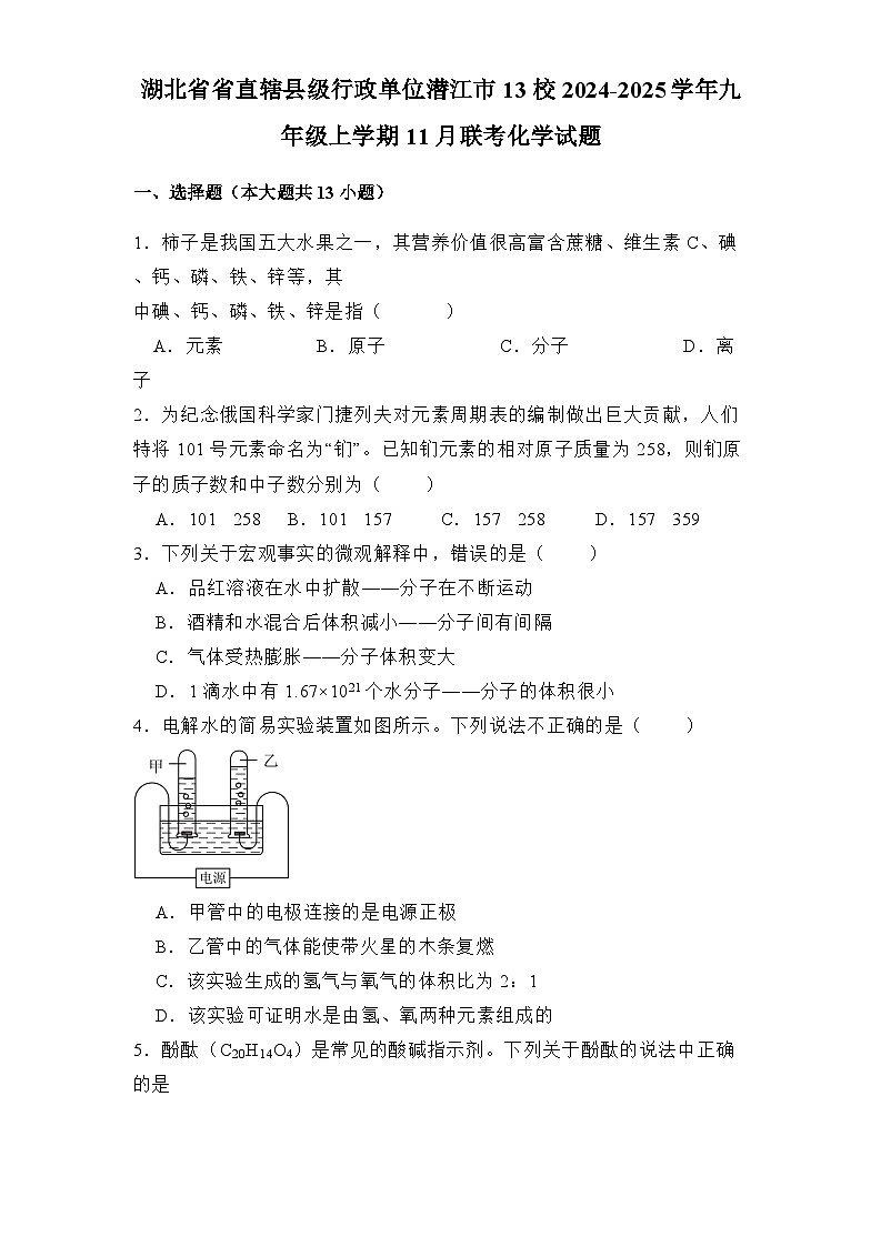湖北省省直辖县级行政单位潜江市13校2024-2025学年九年级上学期11月联考 化学试题(含解析)第1页