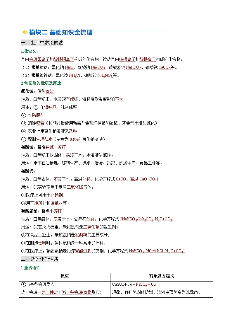 寒假预习-第06讲 常见的盐 (教师版) 2025年九年级化学寒假衔接讲练 (人教版)第2页