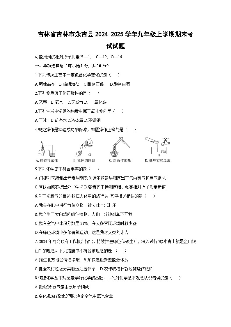 2024~2025学年吉林省吉林市永吉县九年级上学期期末考试化学试卷第1页
