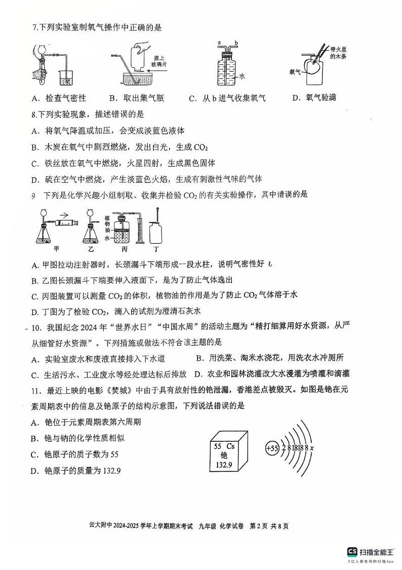 云南大学附属中学2024—2025学年九年级上学期期末考试级化学试题第2页