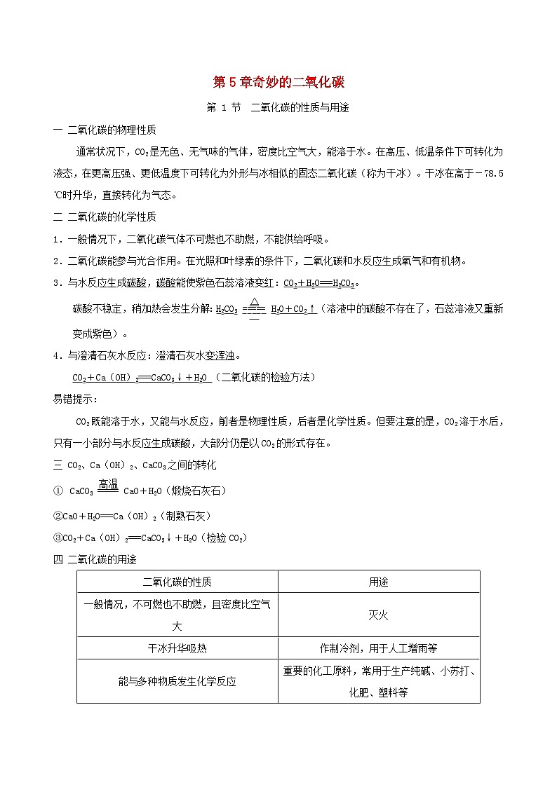 福建省2024九年级化学上册第5章奇妙的二氧化碳第1节二氧化碳的性质与用途知识点沪教版第1页