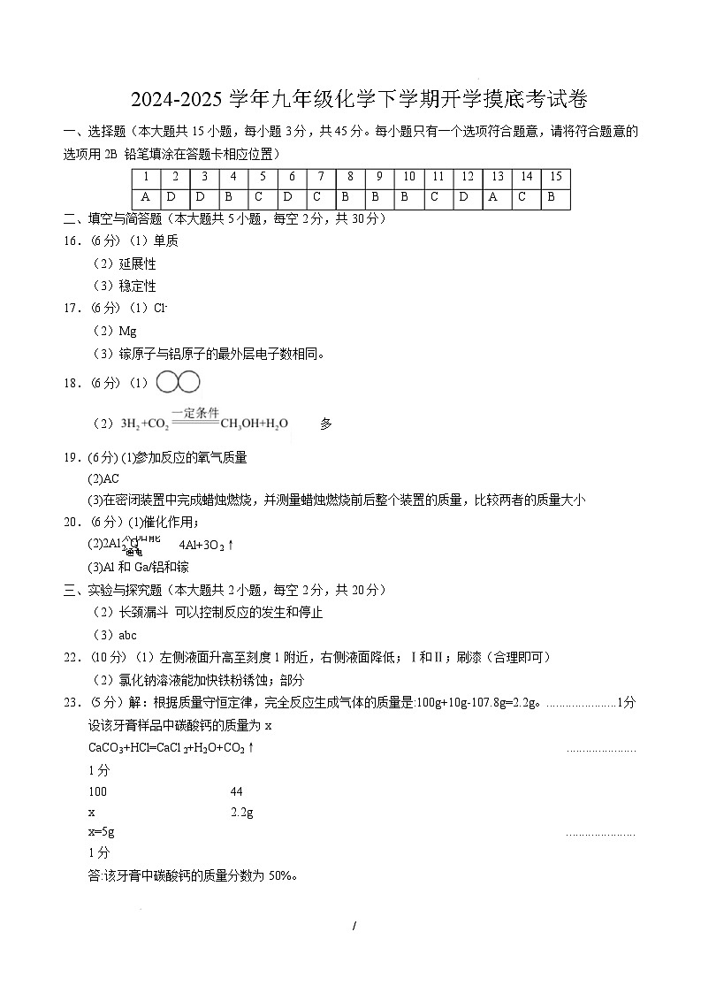 九年级化学开学摸底考(参考答案)第1页