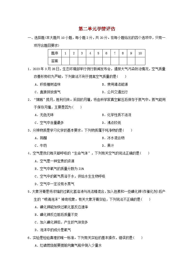 山西省2024九年級(jí)化學(xué)上冊(cè)第二單元我們周圍的空氣學(xué)情評(píng)估試卷（附答案人教版）第1頁(yè)