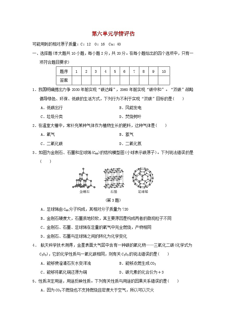 山西省2024九年级化学上册第六单元碳和碳的氧化物学情评估试卷(附答案人教版)第1页