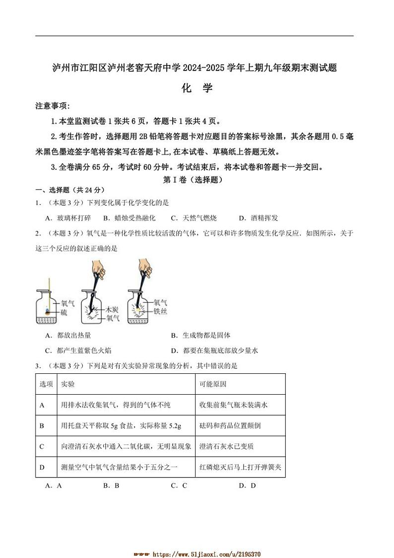 2024~2025学年四川省泸州市江阳区泸州老窖天府中学九年级上1月期末化学试卷(含答案)第1页