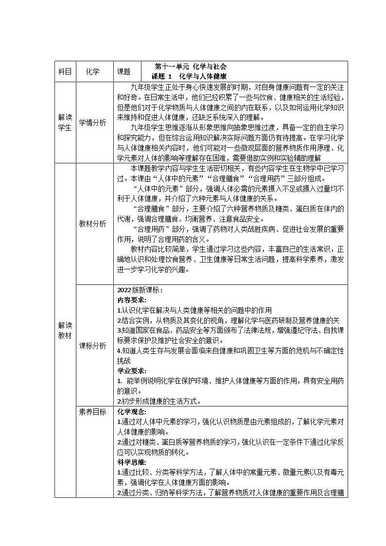 课题1 化学与人体健康 教学设计第1页