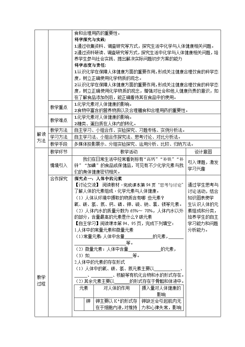 课题1 化学与人体健康 教学设计第2页