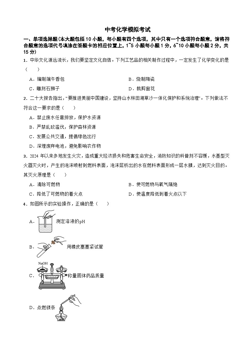 江西省新余市2025年中考化学模拟考试附答案第1页
