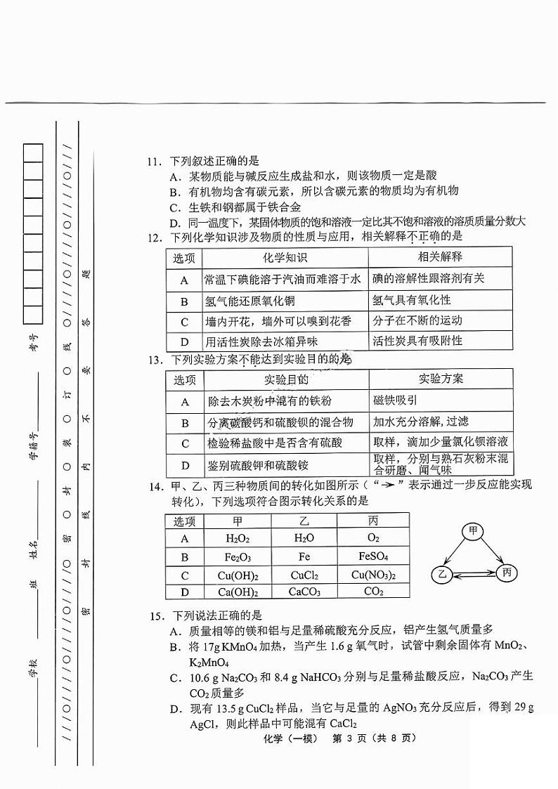 2024年天津市部分区中考一模化学试卷第3页