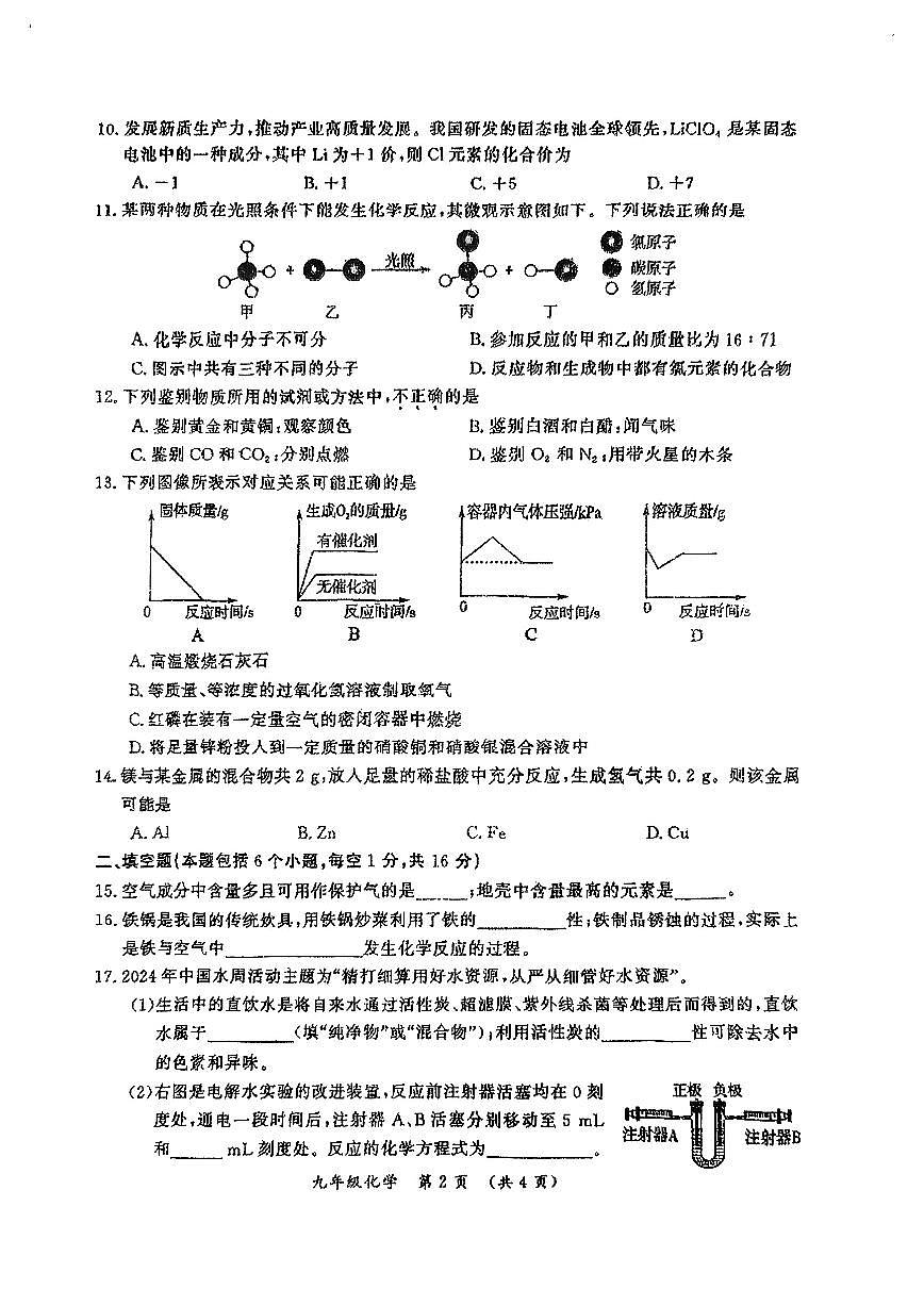 河南省驻马店市西平县第一初级中学2024-2025学年九年级下学期开学考试化学试题第2页