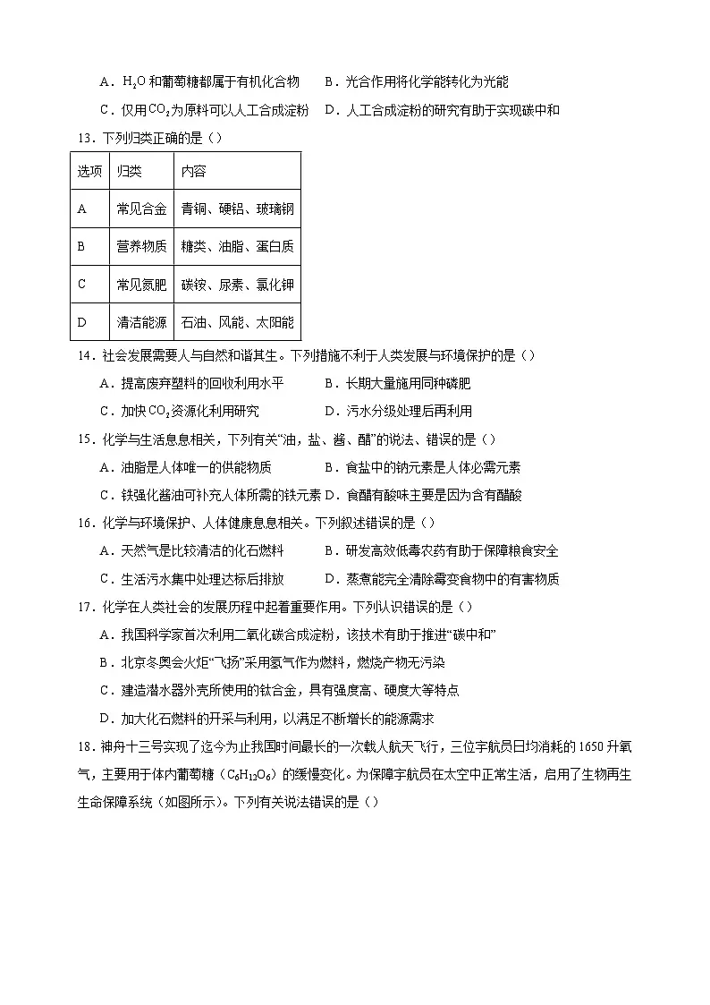 2024-2025学年九年级化学下册第9章《化学与社会可持续发展》单元测试卷(沪教版2024新教材)第3页