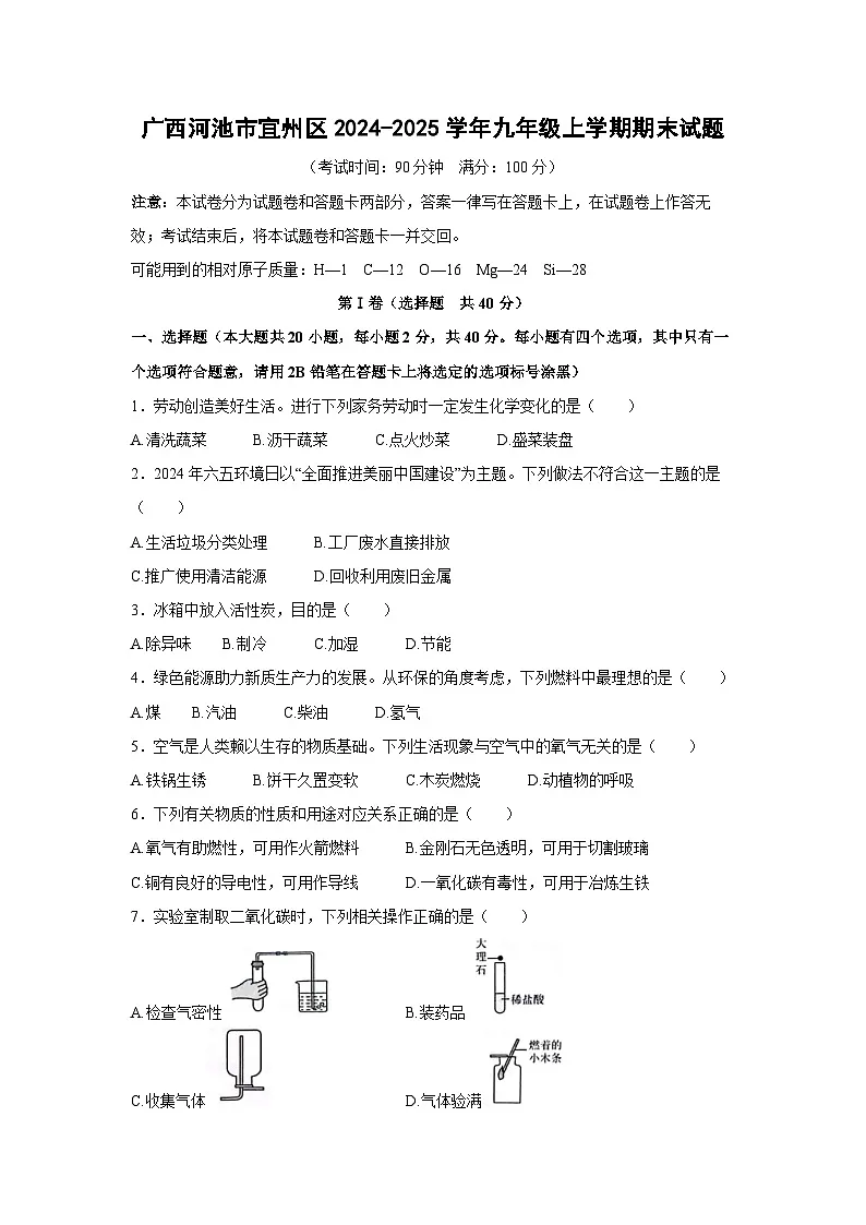 广西河池市宜州区2024-2025学年九年级(上)期末化学试卷第1页