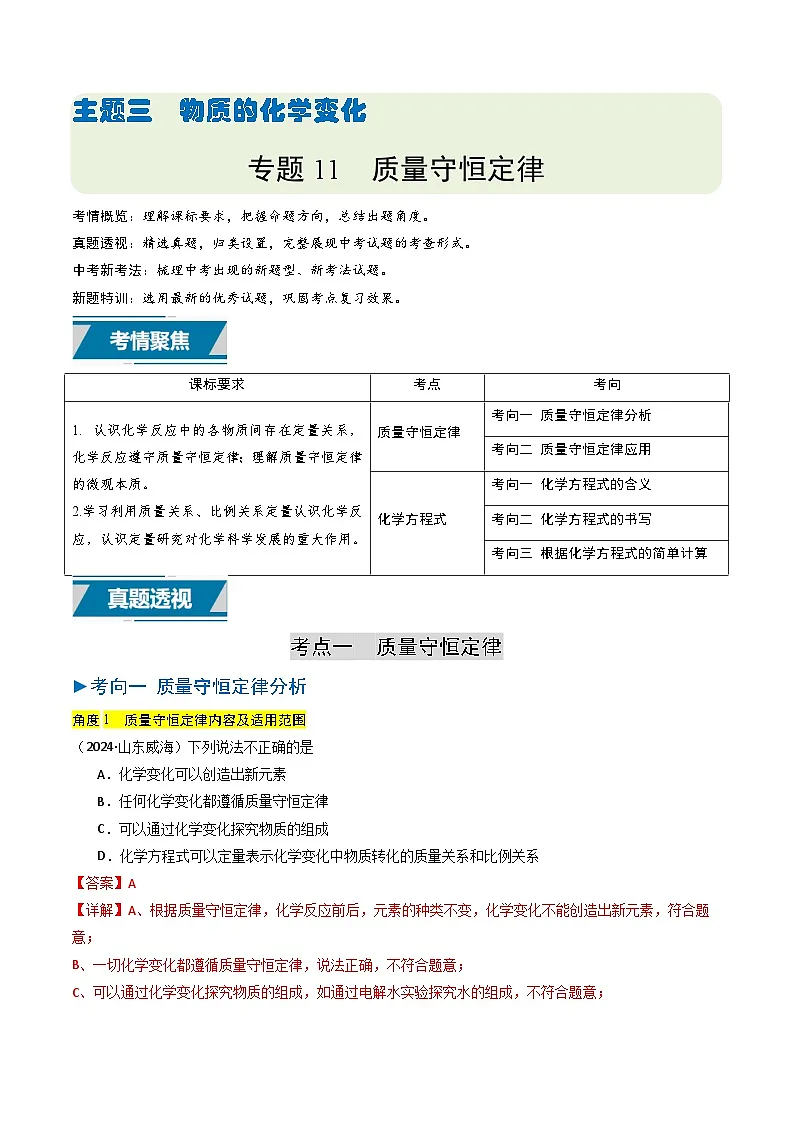 专题11 质量守恒定律(解析版)第1页
