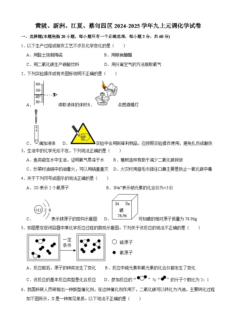 武汉四区区2024-2025学年上学期元调九年级化学试题(word版含标答)第1页